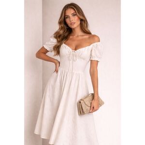 Meshki Linen Blend Dress Women's Size L White Sweetheart Neck Short Sleeve